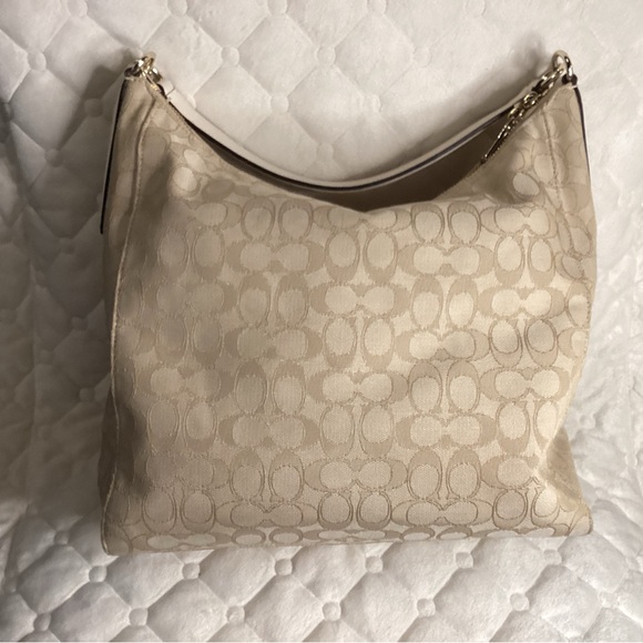 Coach monogram canvas shoulder bag in cream and tan with leather straps - Picture 3 of 8